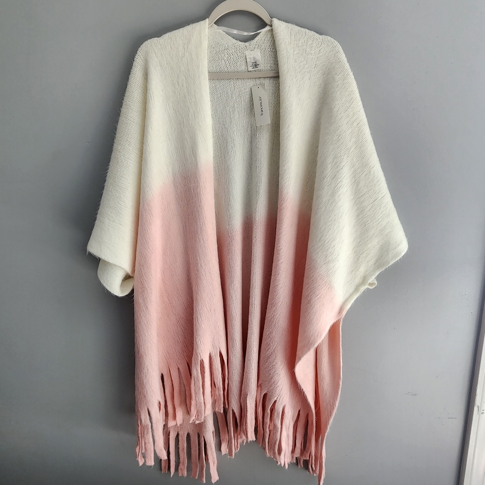 NWT Francesca's Women's Ombre White and Pink Fringe Poncho Sweater One Size